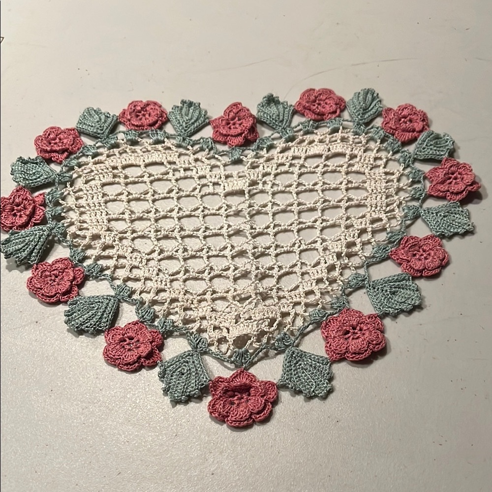 Handmade Crochet Heart Doily with Pink and Green Accents